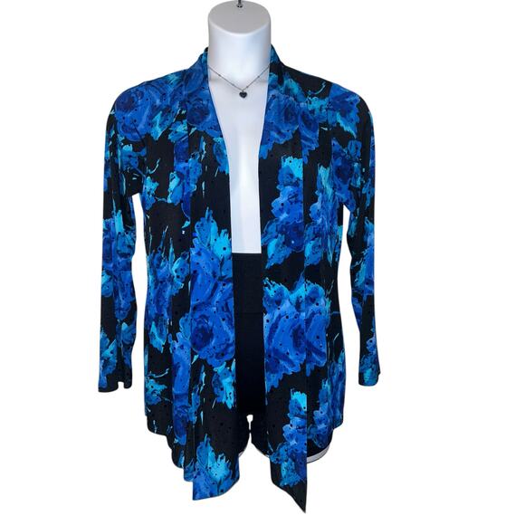 Susan Graver Womens Floral Stretchy Open Front Sparkly Cardigan Black Blue Sz S - Picture 1 of 10
